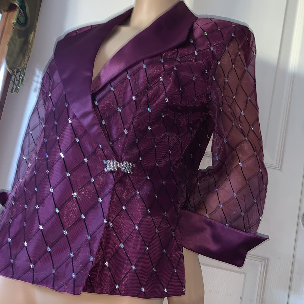 Vintage 80s sparkling sheer organza purple satin wrap blazer jacket M L - Picture 9 of 16